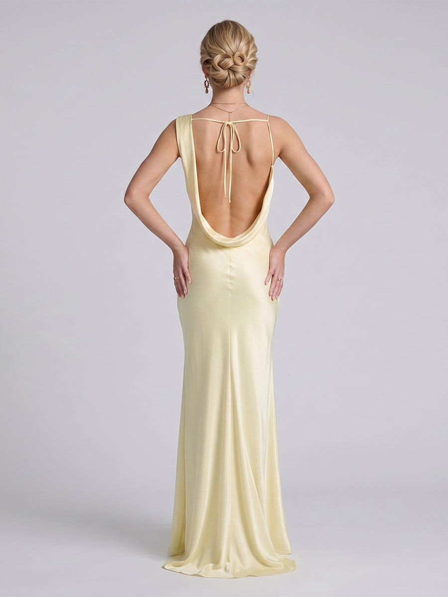 Sheath Column Asymmetrical Sleeveless Sweep train Long Bridesmaid Dresses With Ruched