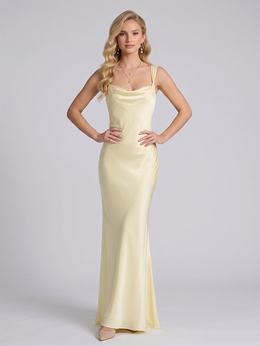 Sheath Column Asymmetrical Sleeveless Sweep train Long Bridesmaid Dresses With Ruched