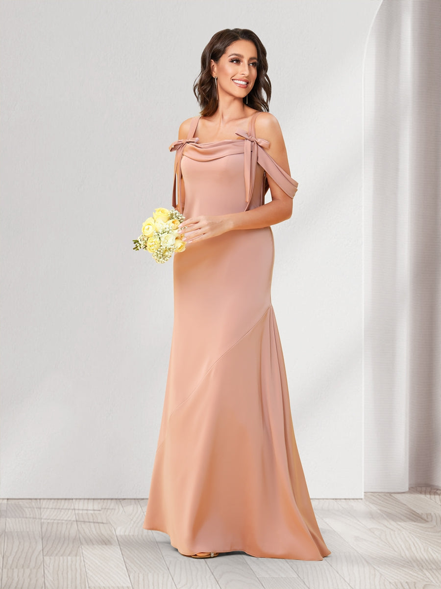 Sheath Column Cold Shoulder Floor Length Bridesmaid Dresses with Bowknots