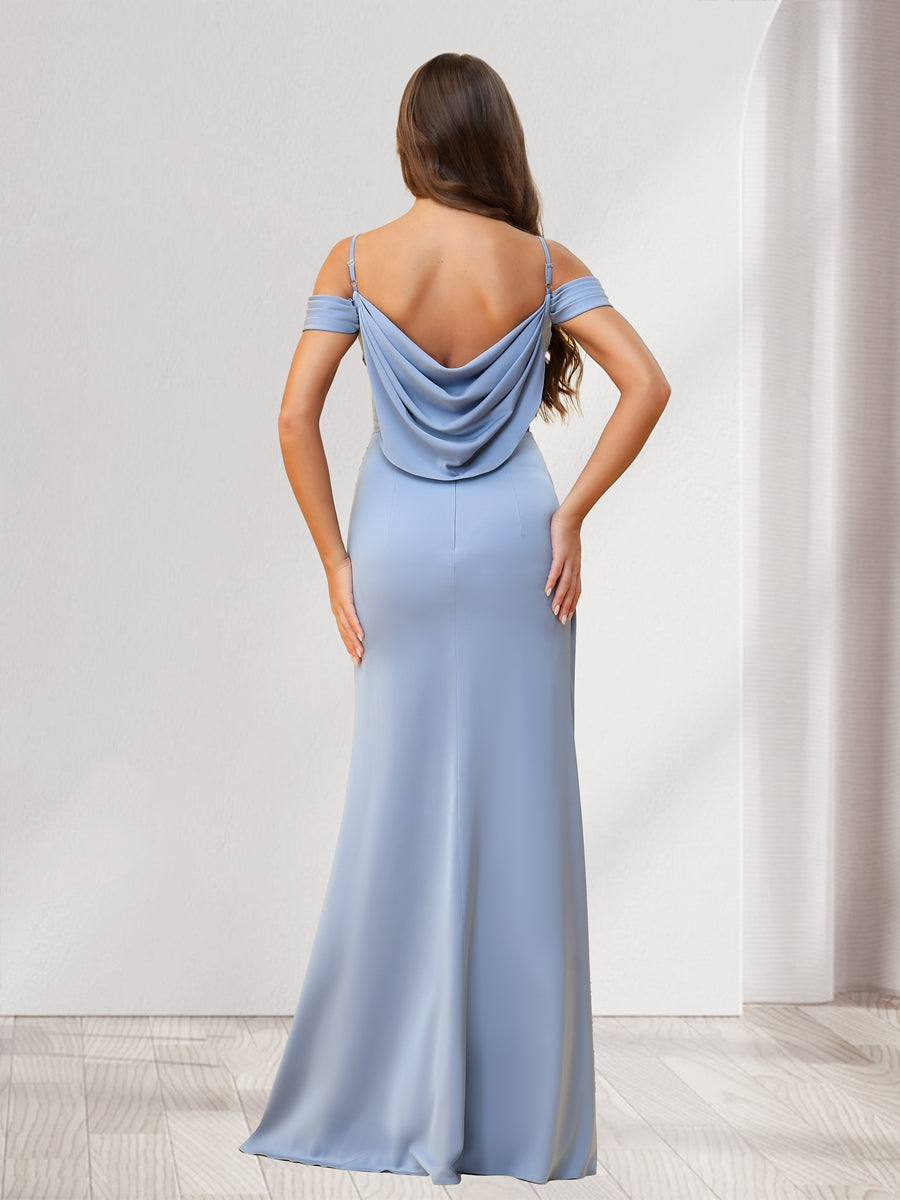 Sheath Column Cold Shoulder Floor Length Bridesmaid Dresses with Split Side