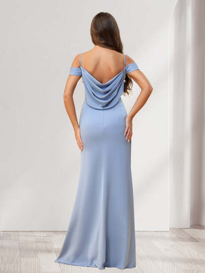 Sheath Column Cold Shoulder Floor Length Bridesmaid Dresses with Split Side