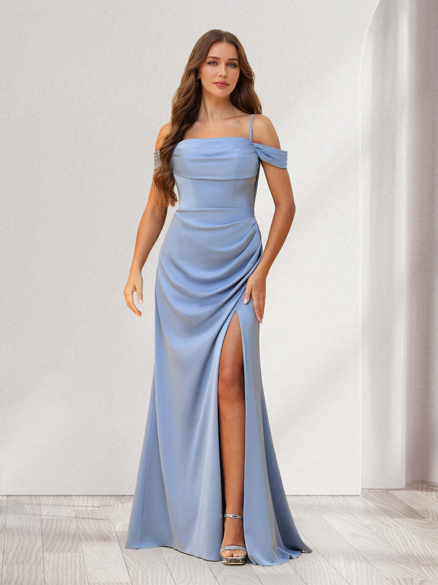 Sheath Column Cold Shoulder Floor Length Bridesmaid Dresses with Split Side