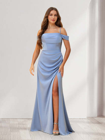 Sheath Column Cold Shoulder Floor Length Bridesmaid Dresses with Split Side