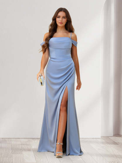 Sheath Column Cold Shoulder Floor Length Bridesmaid Dresses with Split Side