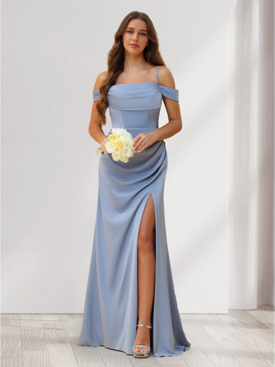 Sheath Column Cold Shoulder Floor Length Bridesmaid Dresses with Split Side
