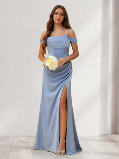 Sheath Column Cold Shoulder Floor Length Bridesmaid Dresses with Split Side