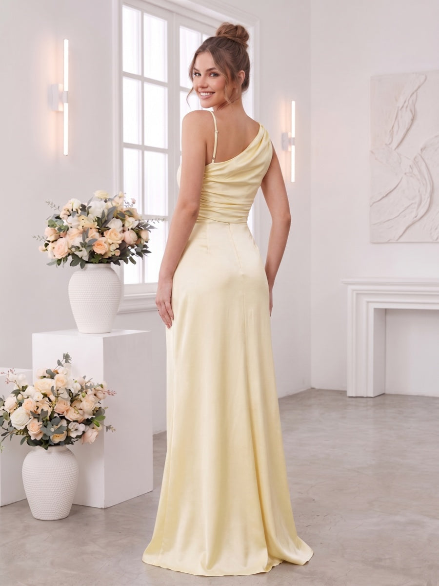 Sheath Column Cowl Neck Asymmetrical Sleeveless Floor Length Bridesmaid Dresses with Ruched