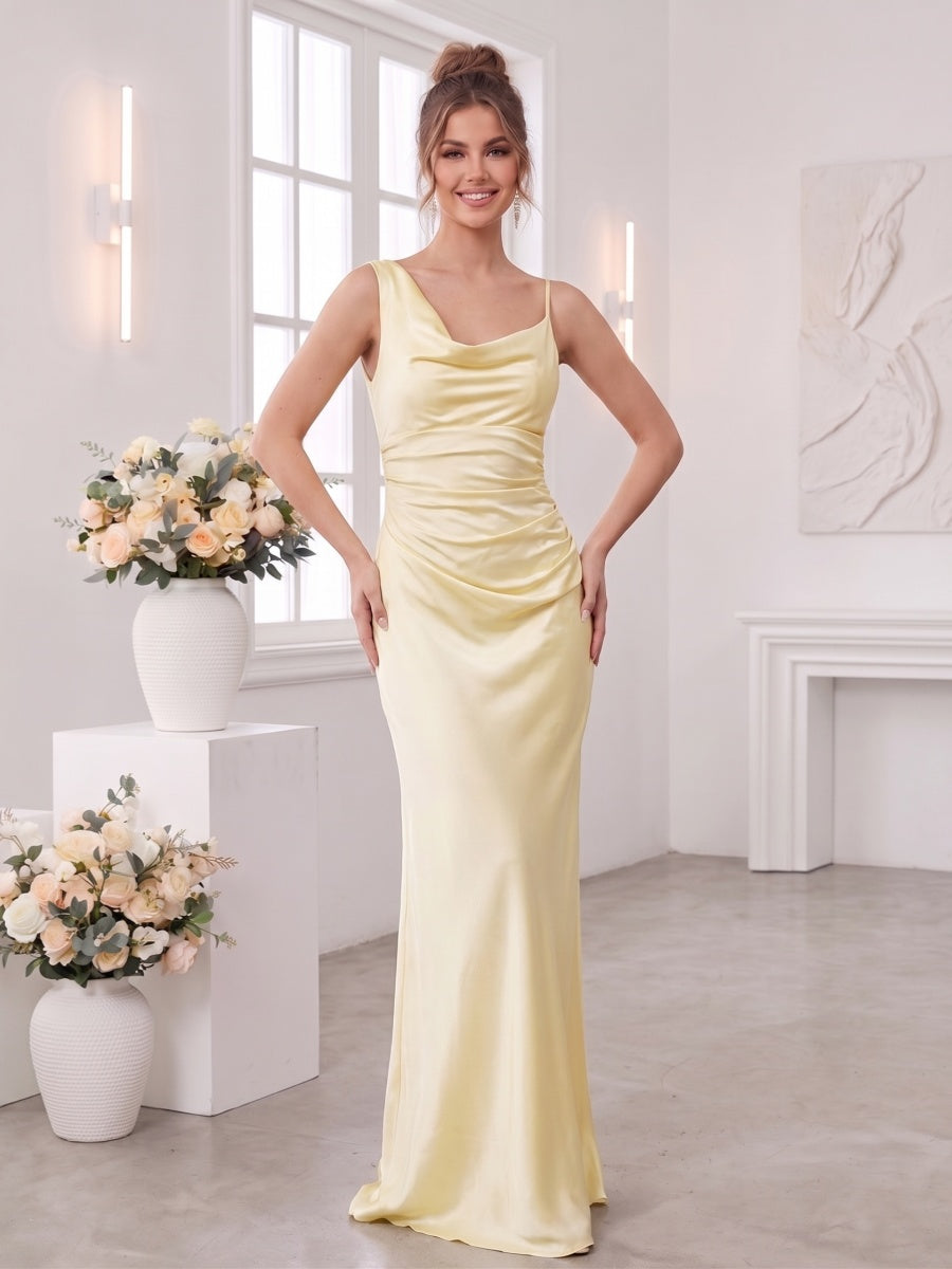 Sheath Column Cowl Neck Asymmetrical Sleeveless Floor Length Bridesmaid Dresses with Ruched