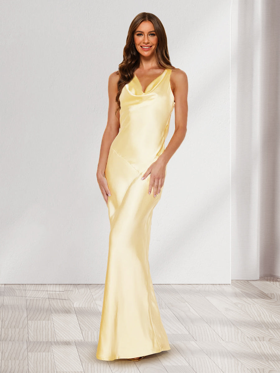 Sheath Column Cowl Neck Backless Long Bridesmaid Dresses with Tie Straps