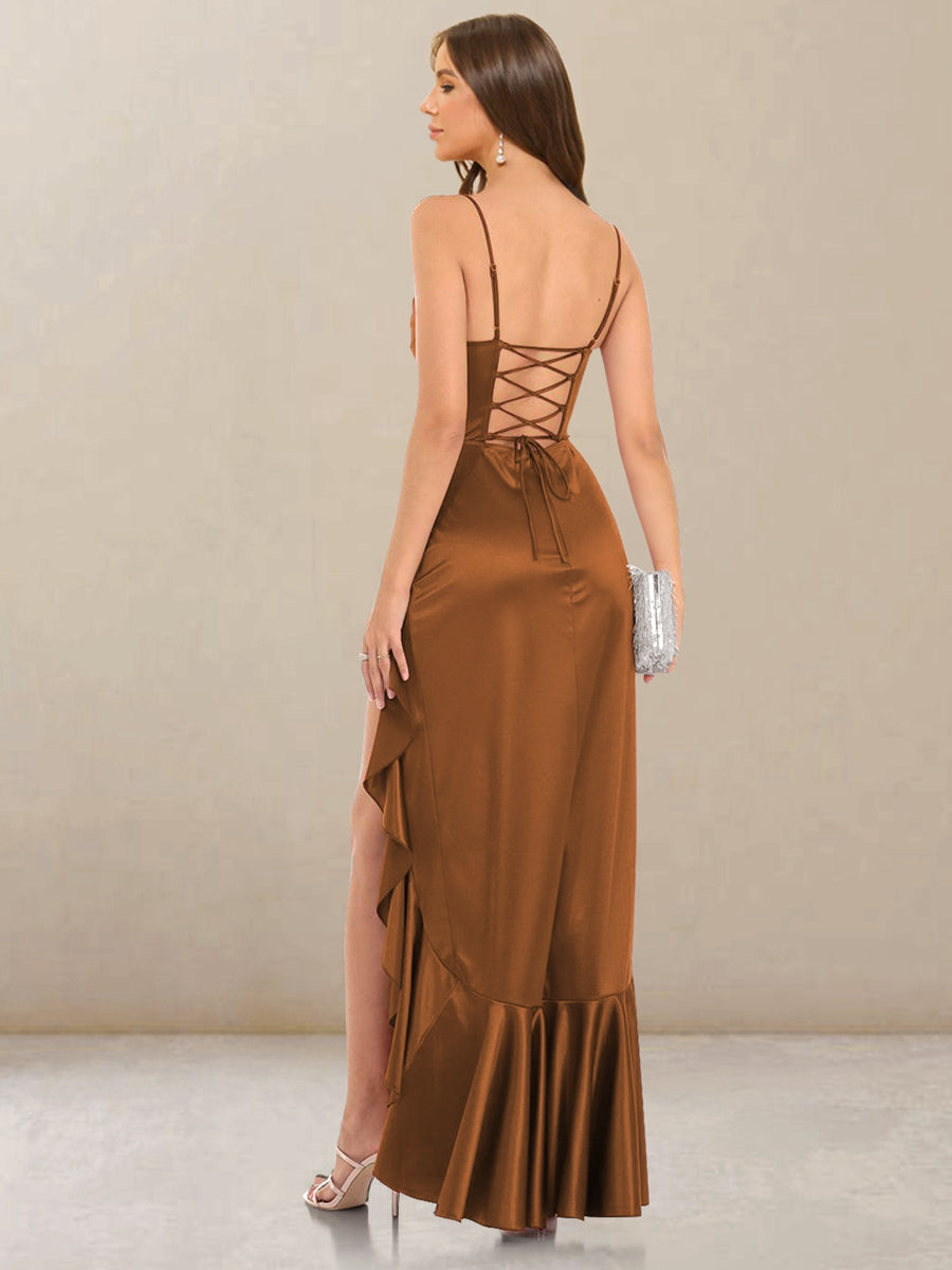 Sheath Column Cowl Neck Straps Long Bridesmaid Dresses with Ruffles