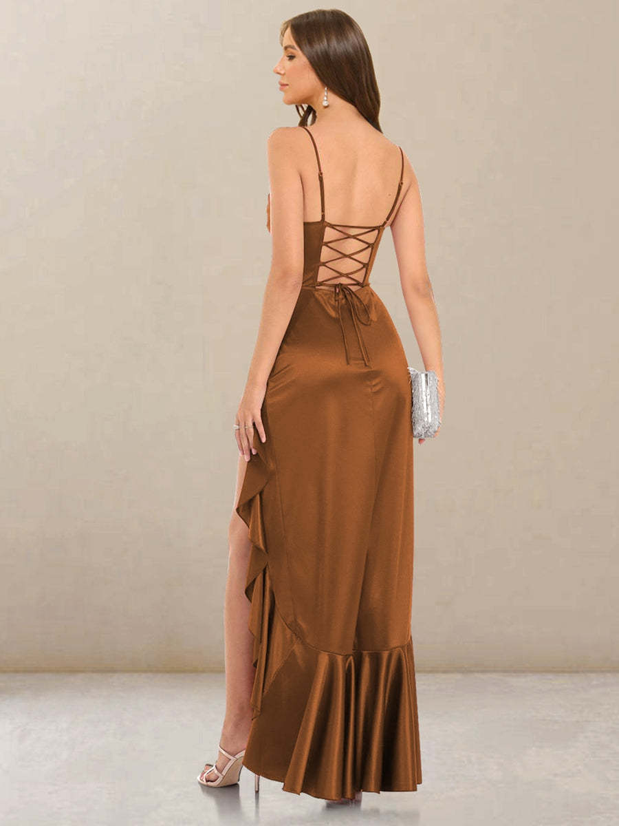 Sheath Column Cowl Neck Straps Long Bridesmaid Dresses with Ruffles