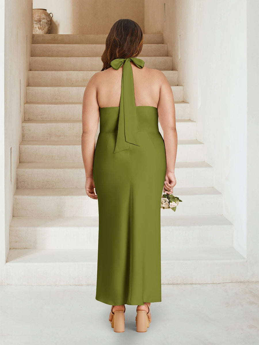Sheath Column Criss Cross Ruched Ankle Length Plus Size Bridesmaid Dresses