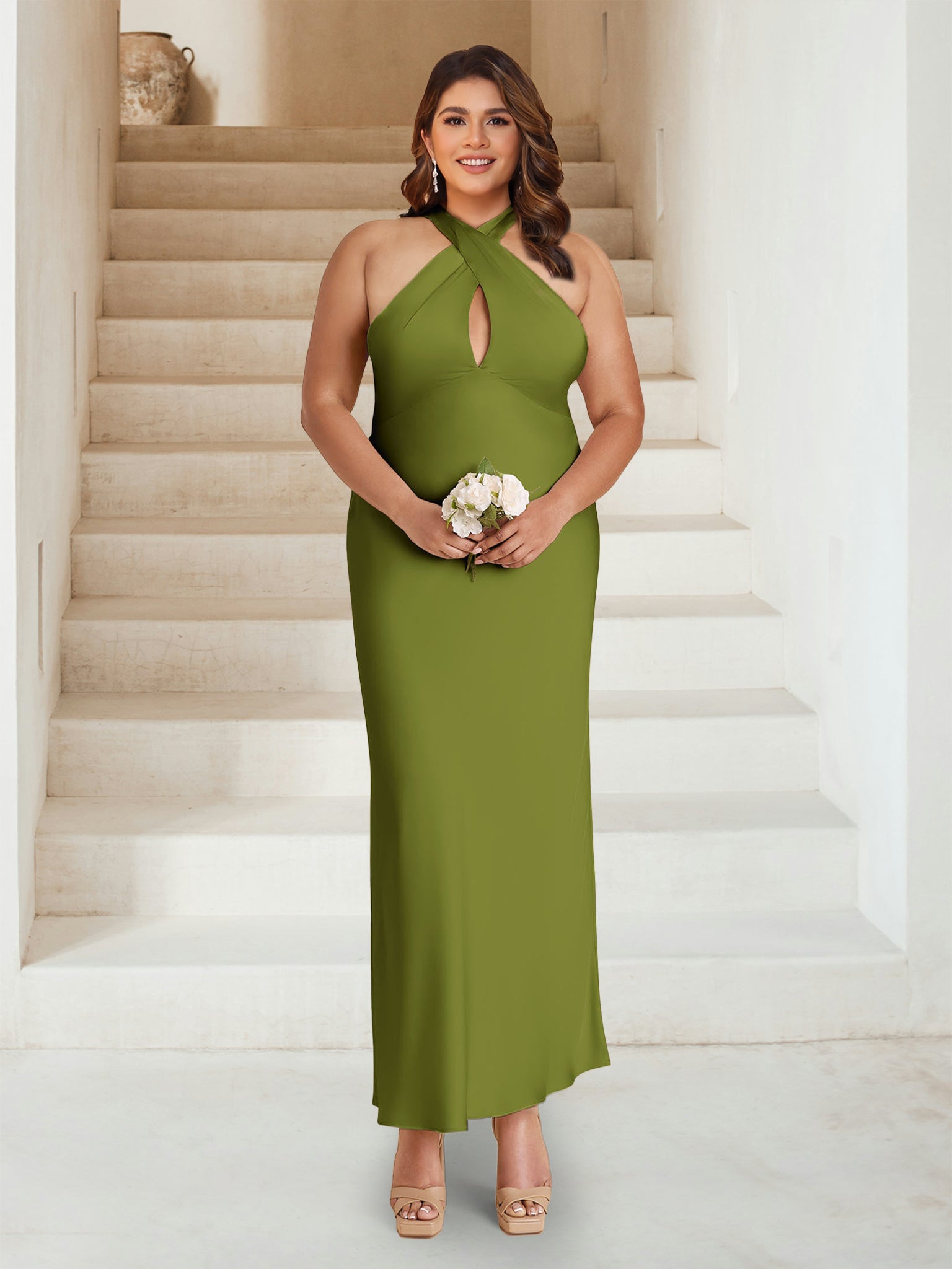Sheath Column Criss Cross Ruched Ankle Length Plus Size Bridesmaid Dresses
