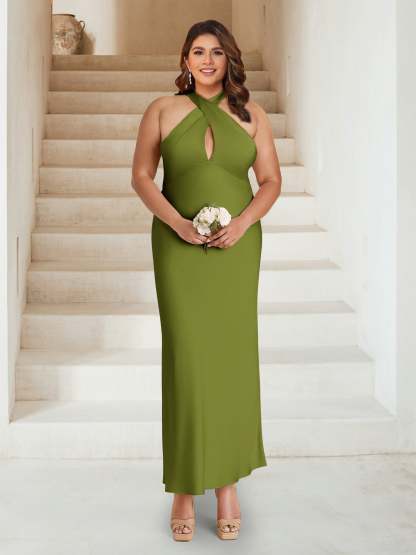 Sheath Column Criss Cross Ruched Ankle Length Plus Size Bridesmaid Dresses