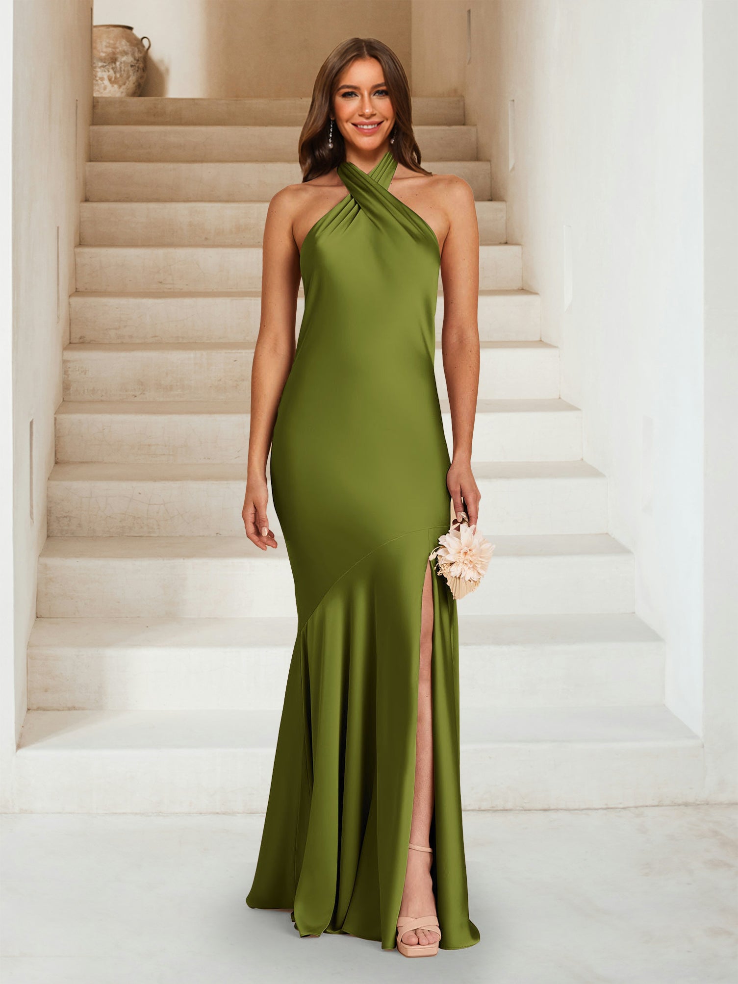 Sheath Column Criss Cross Ruched Bridesmaid Dresses with Split Side