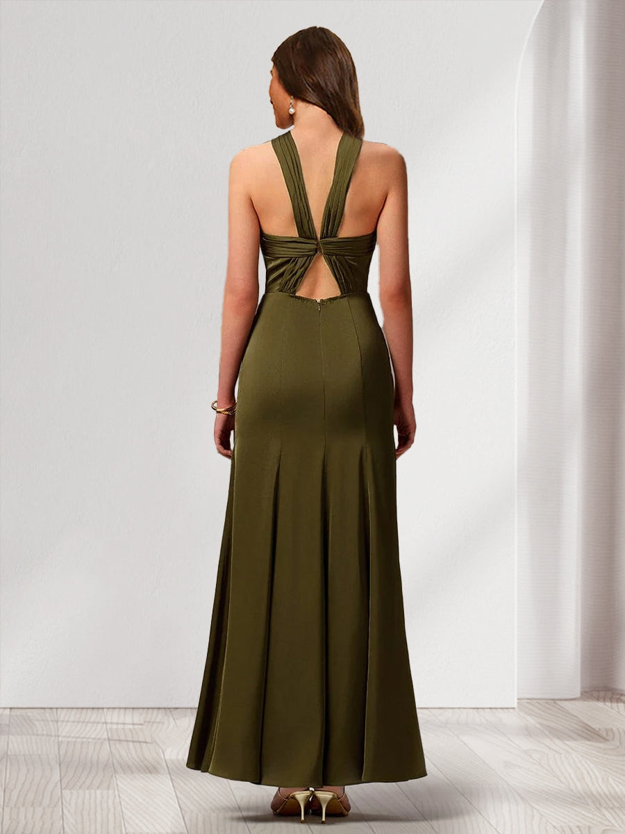 Sheath Column Criss Cross Sleeveless Ankle Length Ruched Bridesmaid Dresses with Split Side
