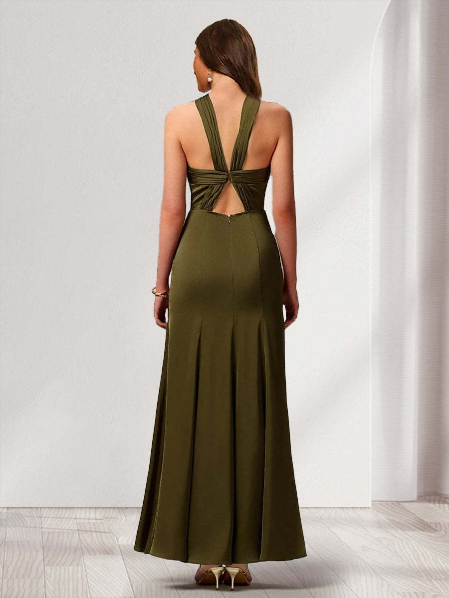 Sheath Column Criss Cross Sleeveless Ankle Length Ruched Bridesmaid Dresses with Split Side