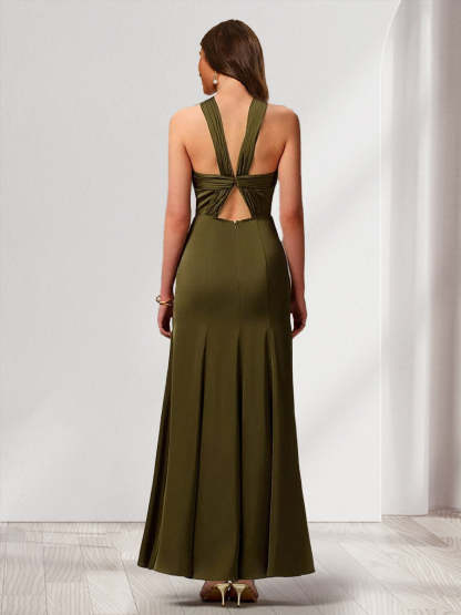 Sheath Column Criss Cross Sleeveless Ankle Length Ruched Bridesmaid Dresses with Split Side
