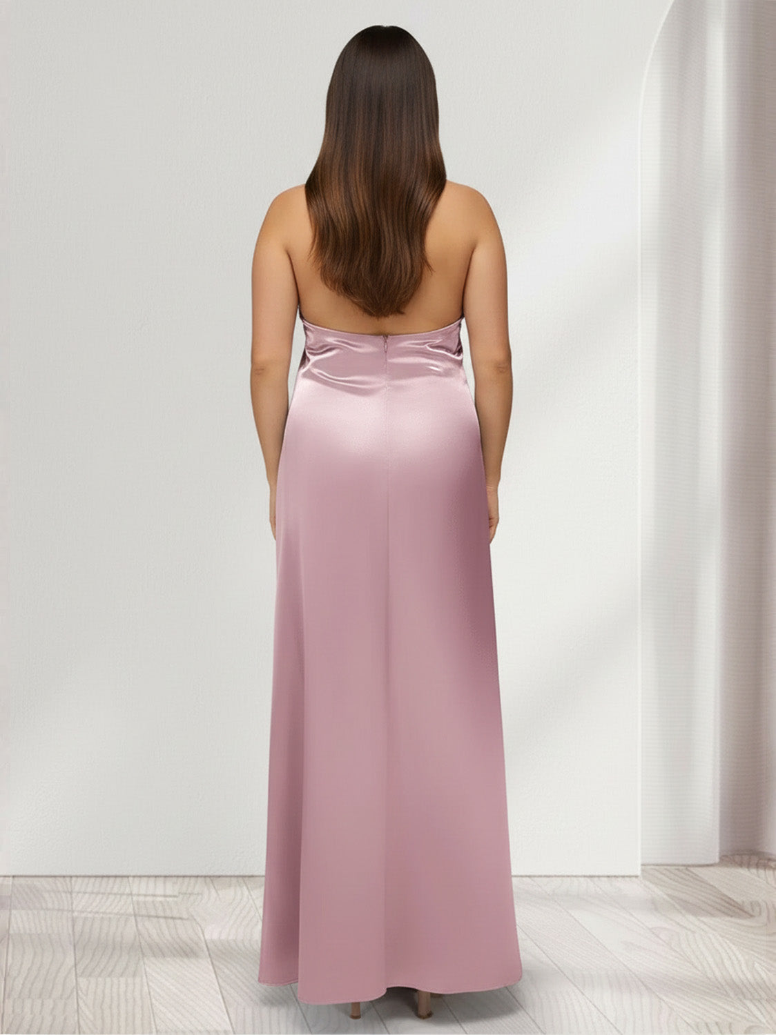 Sheath Column Halter Sleeveless Ankle Length Plus Size Bridesmaid Dresses with Ruched