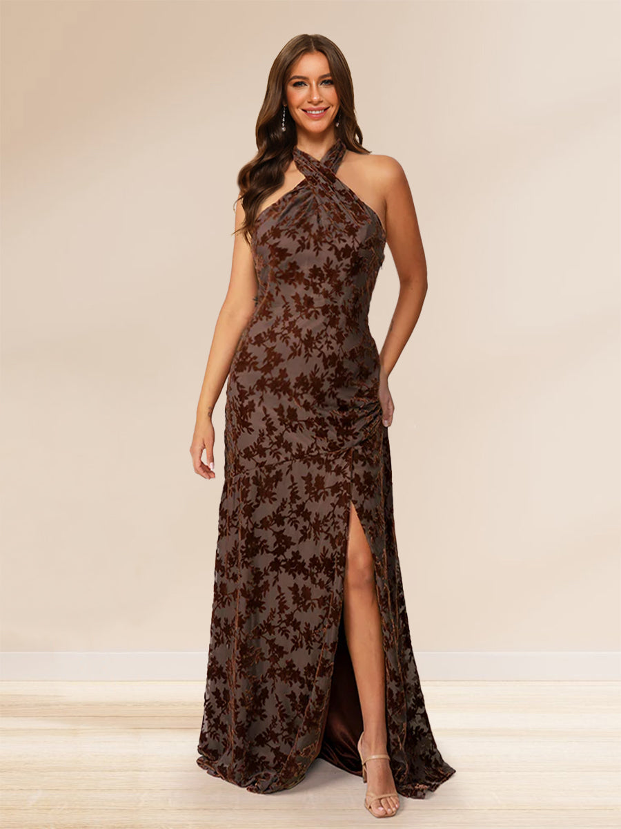 Sheath Column Halter Sleeveless Floor Length Floral Bridesmaid Dresses with Split Side