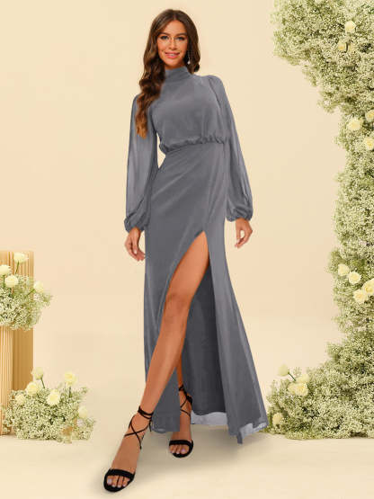 Sheath Column High Neck Floor Length Backless Bridesmaid Dresses With Split Side