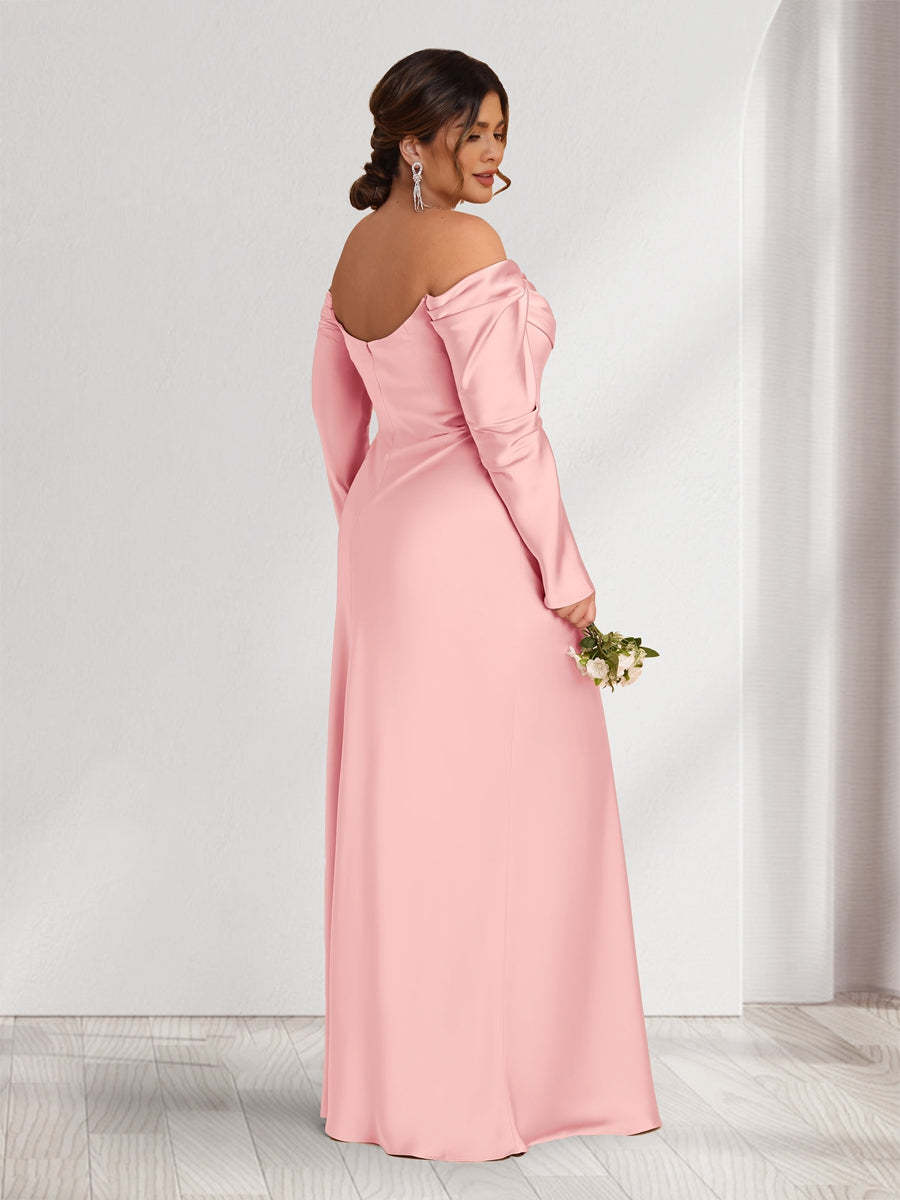 Sheath Column Off the Shoulder Long Sleeves Ruched Plus Size Bridesmaid Dresses with Split Side