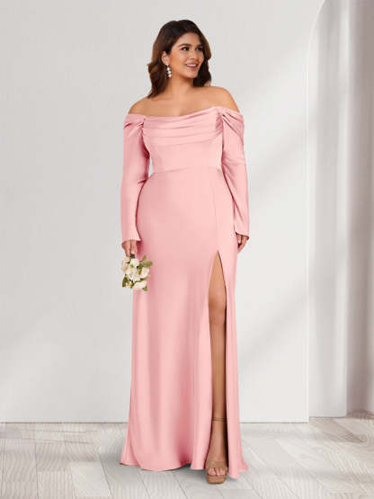Sheath Column Off the Shoulder Long Sleeves Ruched Plus Size Bridesmaid Dresses with Split Side