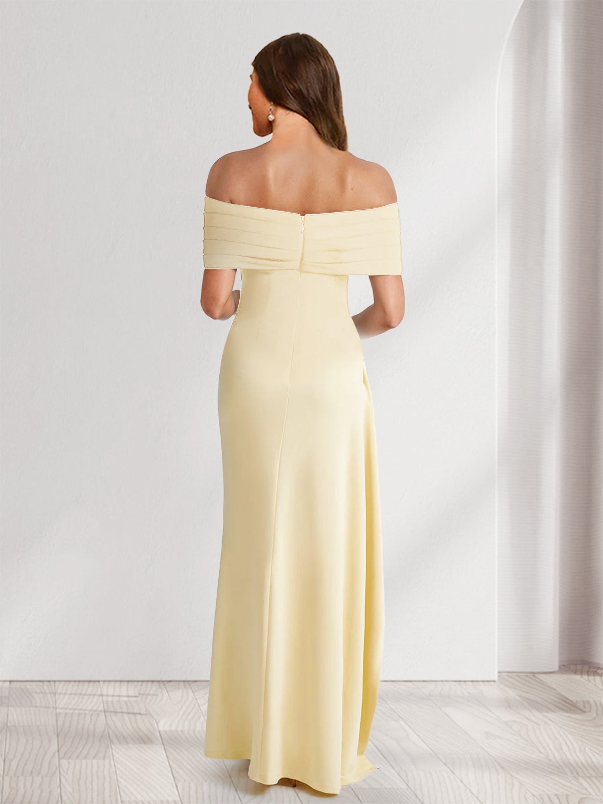 Sheath Column Off the Shoulder Pleated Ruffle Bridesmaid Dresses with Split Side