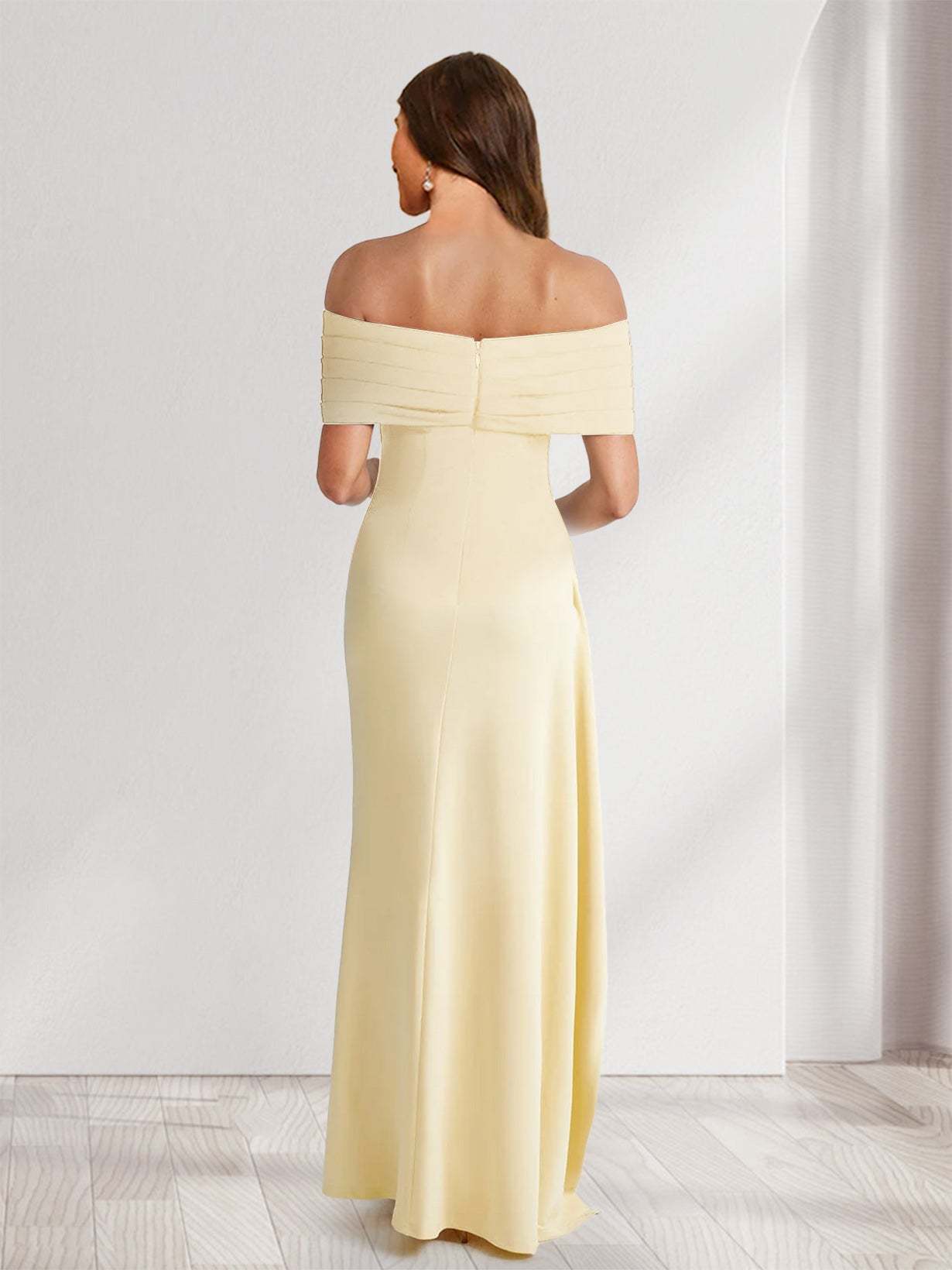 Sheath Column Off the Shoulder Pleated Ruffle Bridesmaid Dresses with Split Side