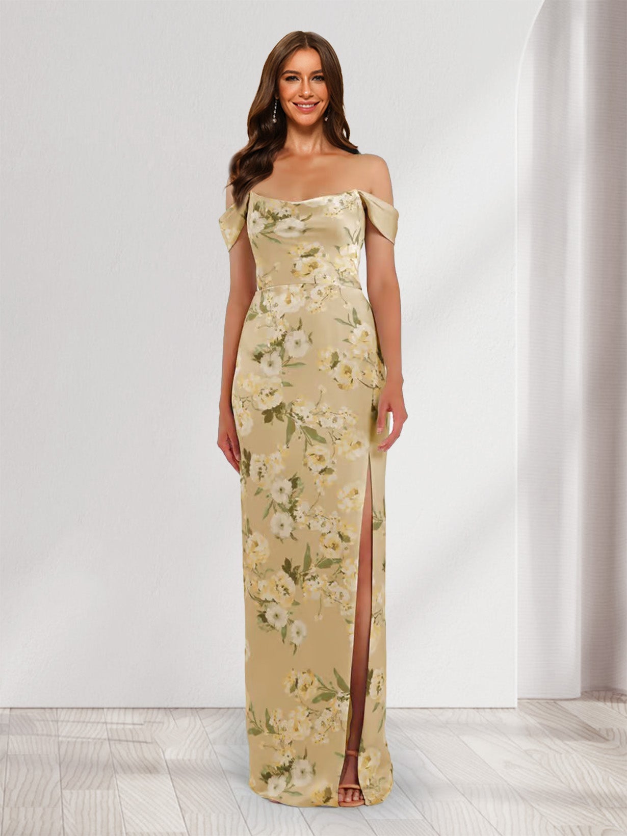 Sheath Column Off the Shoulder Printed Floral Bridesmaid Dresses with Split Side