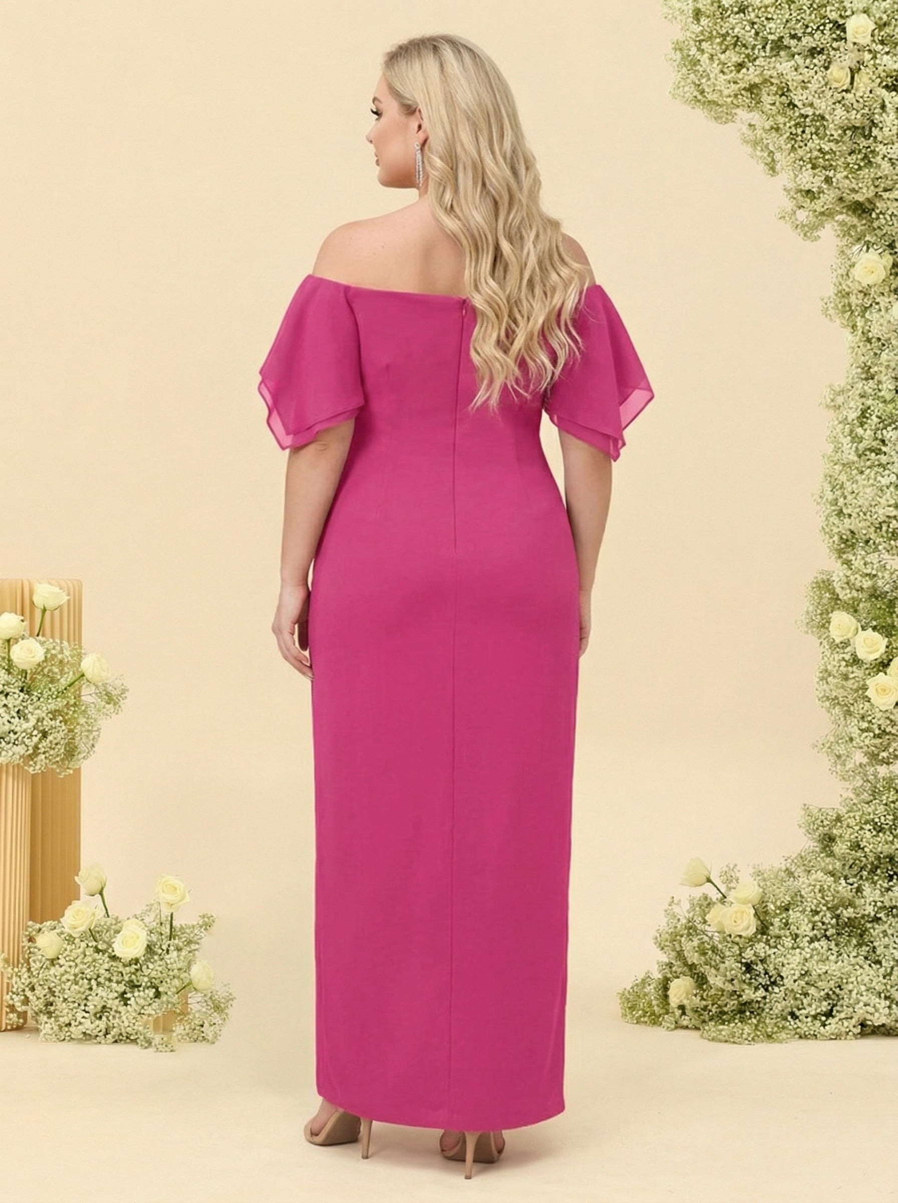 Sheath Column Off the Shoulder Short Sleeves Plus Size Bridesmaid Dresses with Split Side
