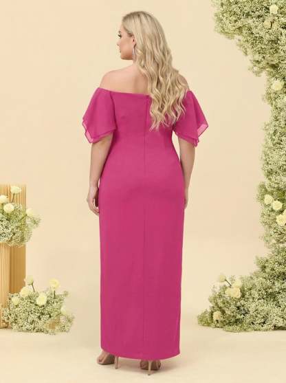 Sheath Column Off the Shoulder Short Sleeves Plus Size Bridesmaid Dresses with Split Side