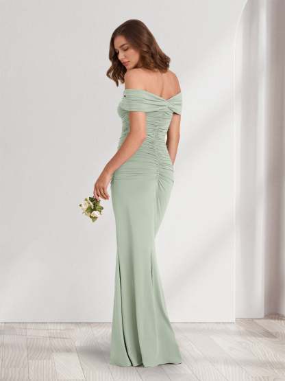 Sheath Column Off the Shoulder Sleeveless Ruched Bridesmaid Dresses with 3D Floral