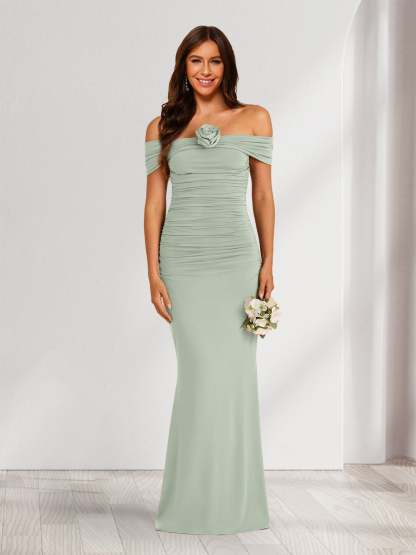 Sheath Column Off the Shoulder Sleeveless Ruched Bridesmaid Dresses with 3D Floral