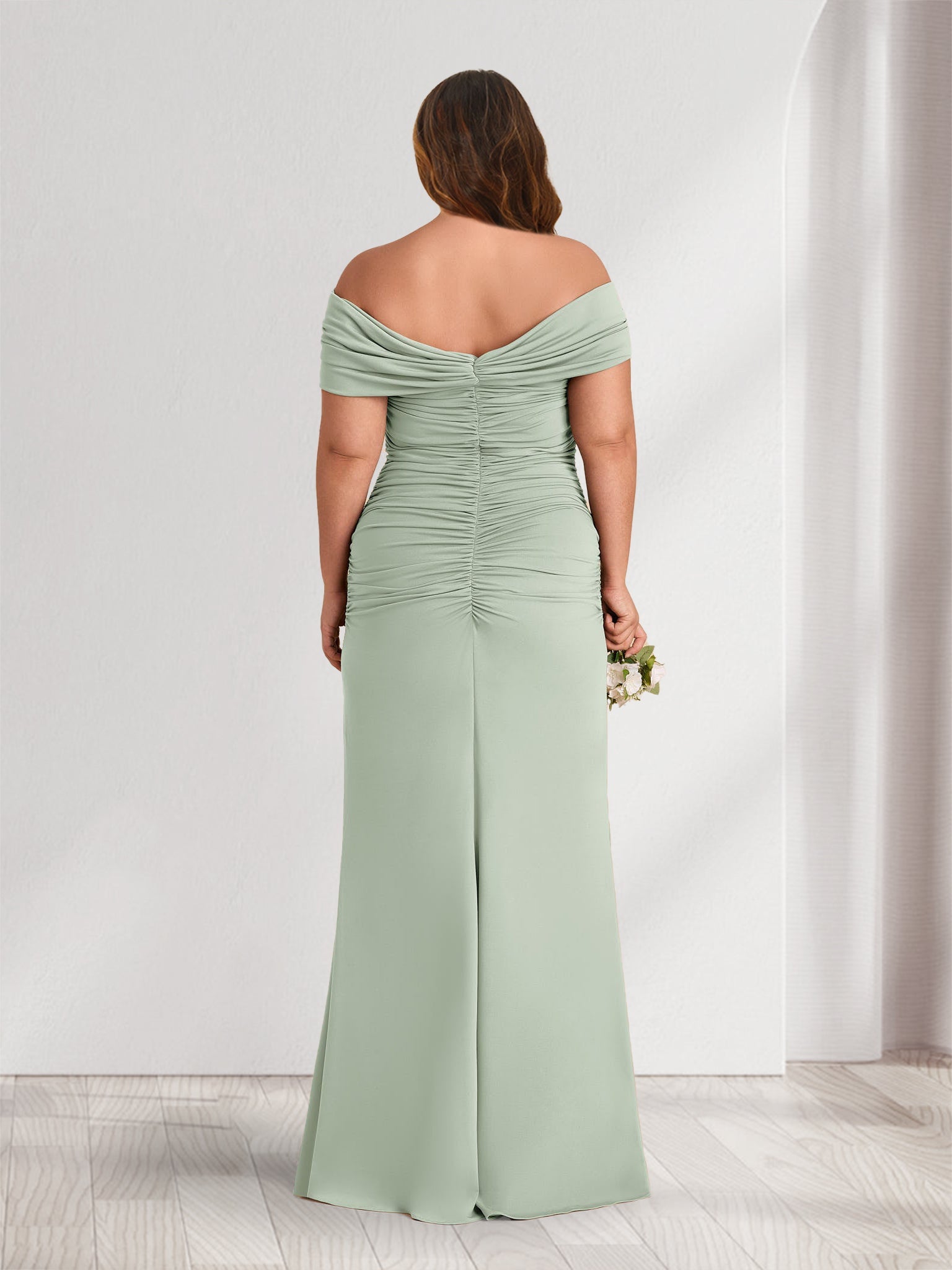 Sheath Column Off the Shoulder Sleeveless Ruched Plus Size Bridesmaid Dresses with 3D Floral