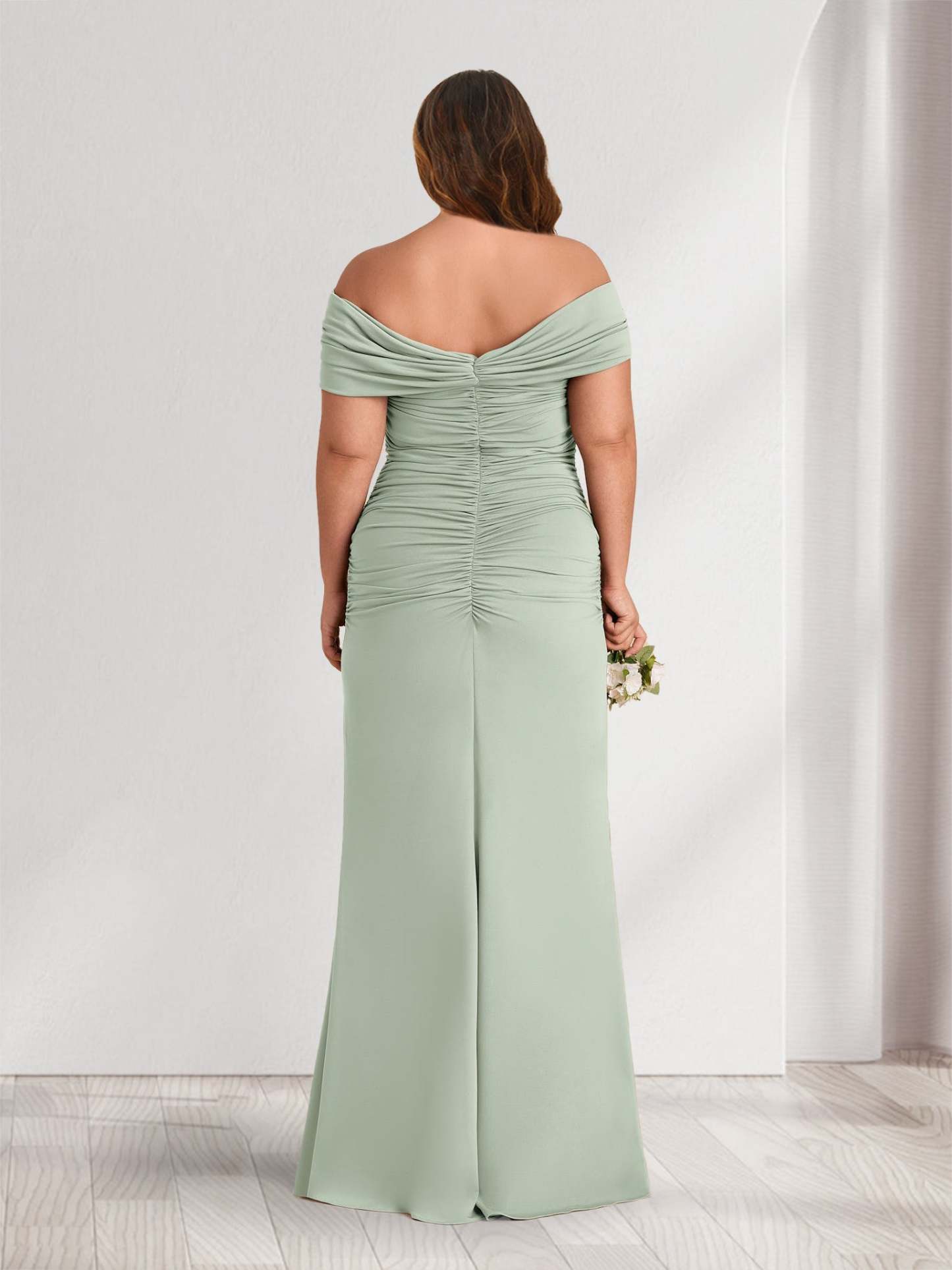 Sheath Column Off the Shoulder Sleeveless Ruched Plus Size Bridesmaid Dresses with 3D Floral