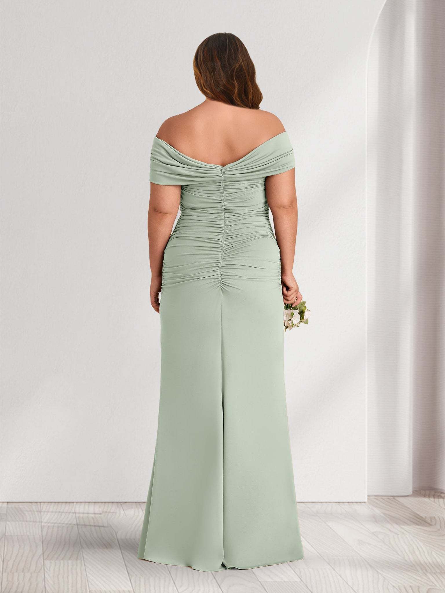 Sheath Column Off the Shoulder Sleeveless Ruched Plus Size Bridesmaid Dresses with 3D Floral