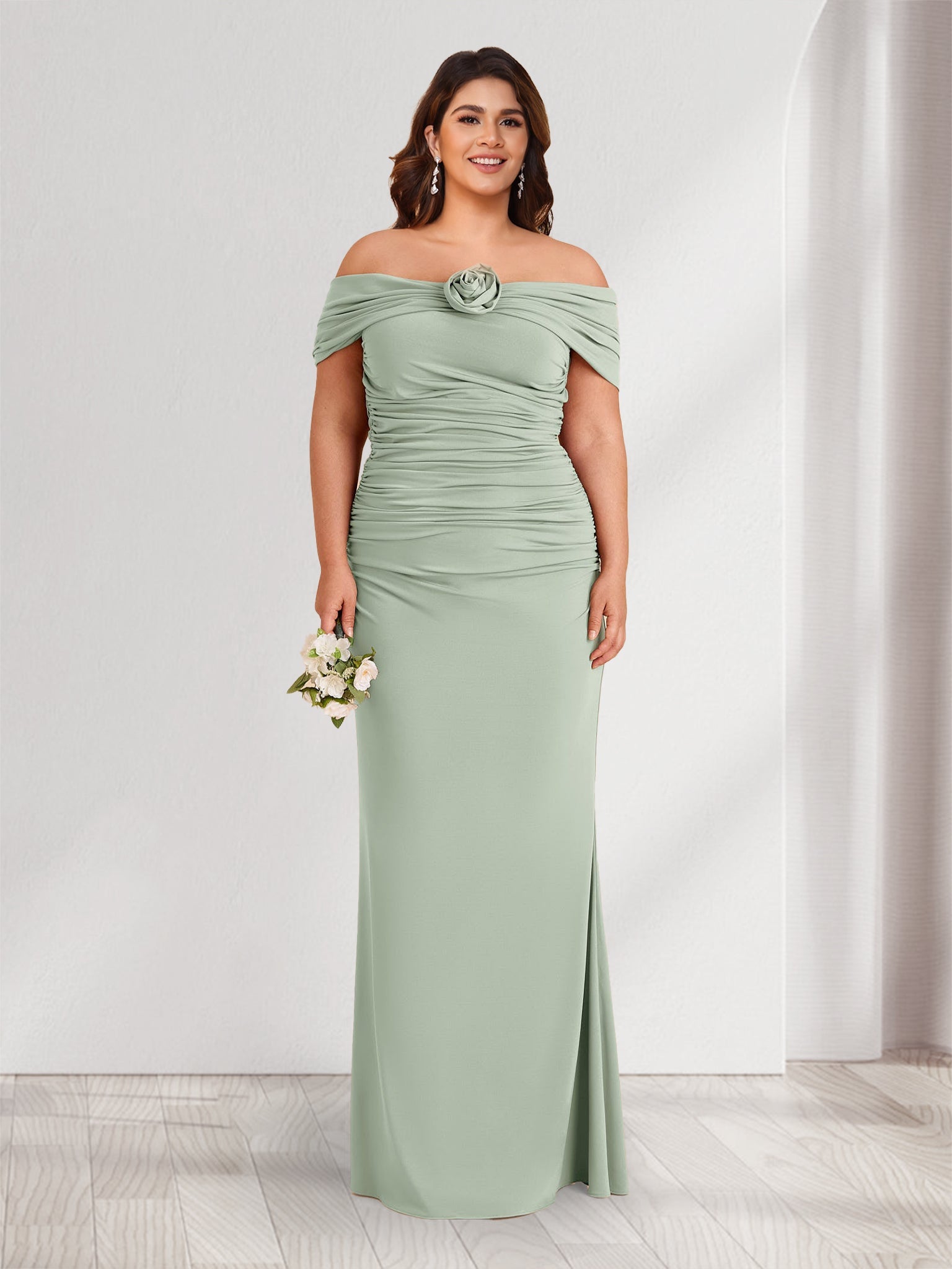 Sheath Column Off the Shoulder Sleeveless Ruched Plus Size Bridesmaid Dresses with 3D Floral
