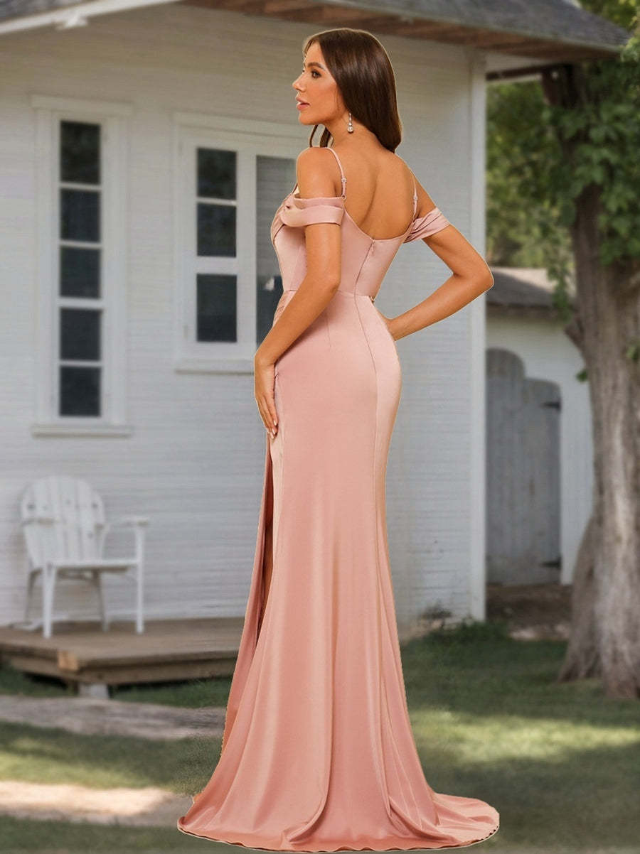 Sheath Column Off the Shoulder Spaghetti Straps Floor Length Formal Dresses with Split Side