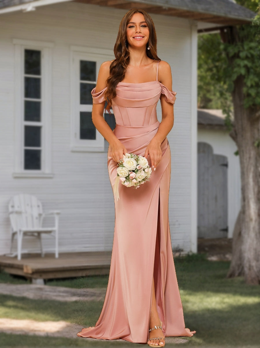 Sheath Column Off the Shoulder Spaghetti Straps Floor Length Formal Dresses with Split Side