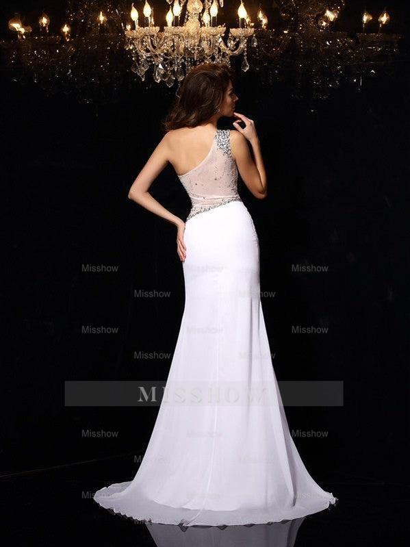Sheath/Column One-Shoulder Beading Sleeveless Long Chiffon Prom Evening Dresses