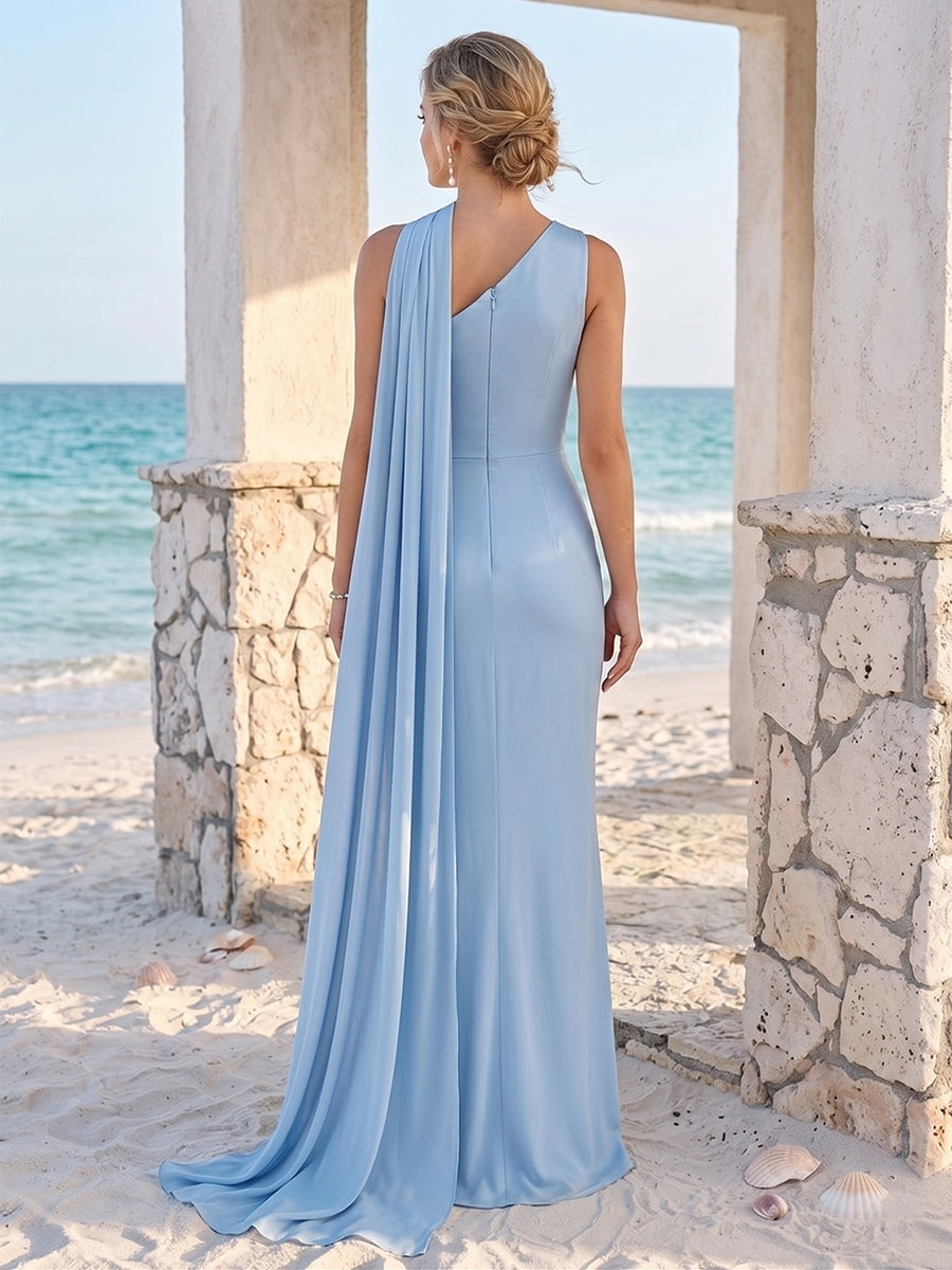 Sheath Column One Shoulder Floor Length Long Bridesmaid Dresses With Neck Scarf