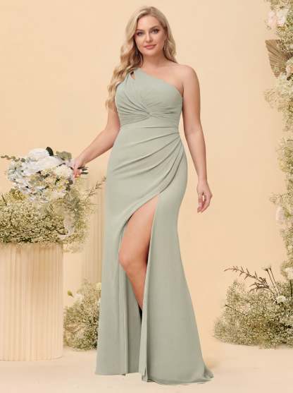 Sheath Column One Shoulder Long Plus Size Bridesmaid Dresses with Split Side