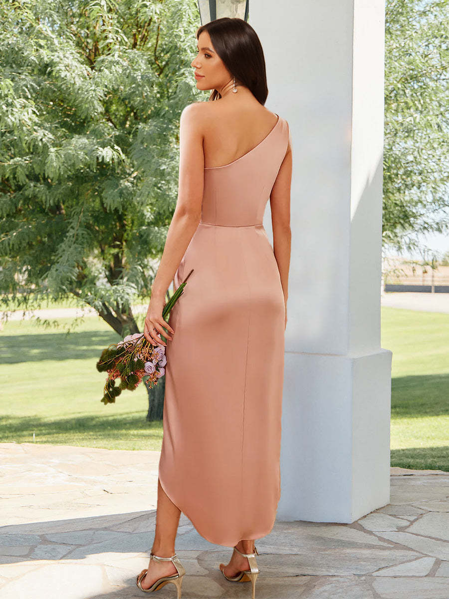 Sheath Column One Shoulder Pleated Tea Length Bridesmaid Dresses with Ruffles