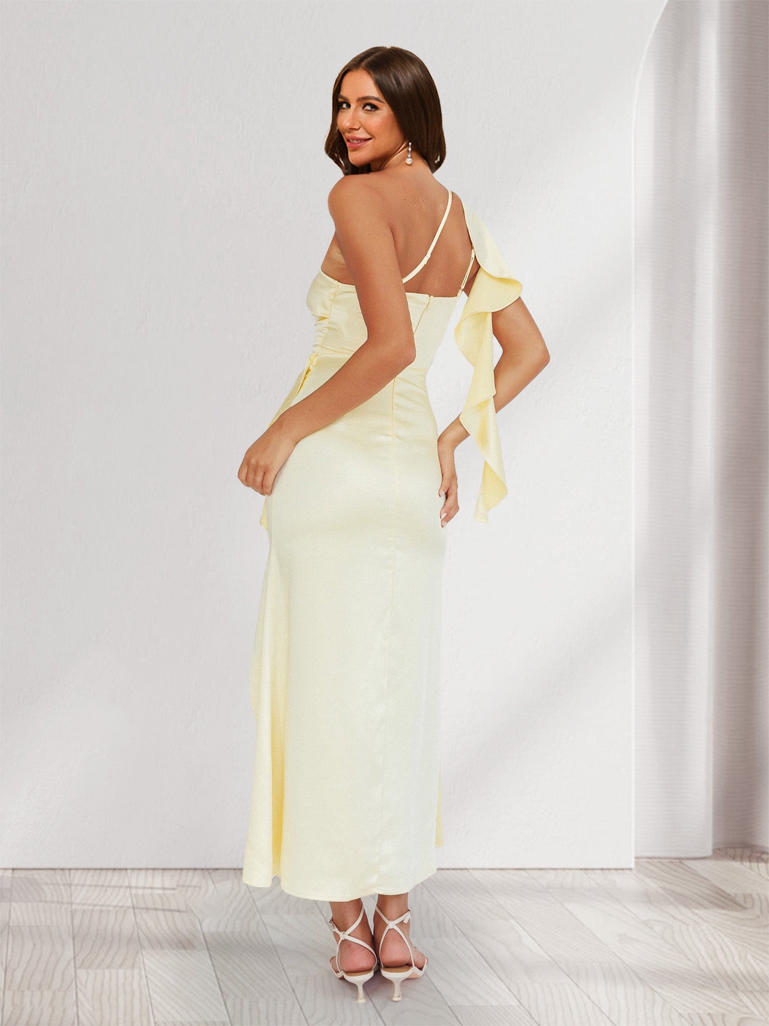 Sheath Column One Shoulder Ruffle Maxi Dresses Long Bridesmaid Dresses with Slit