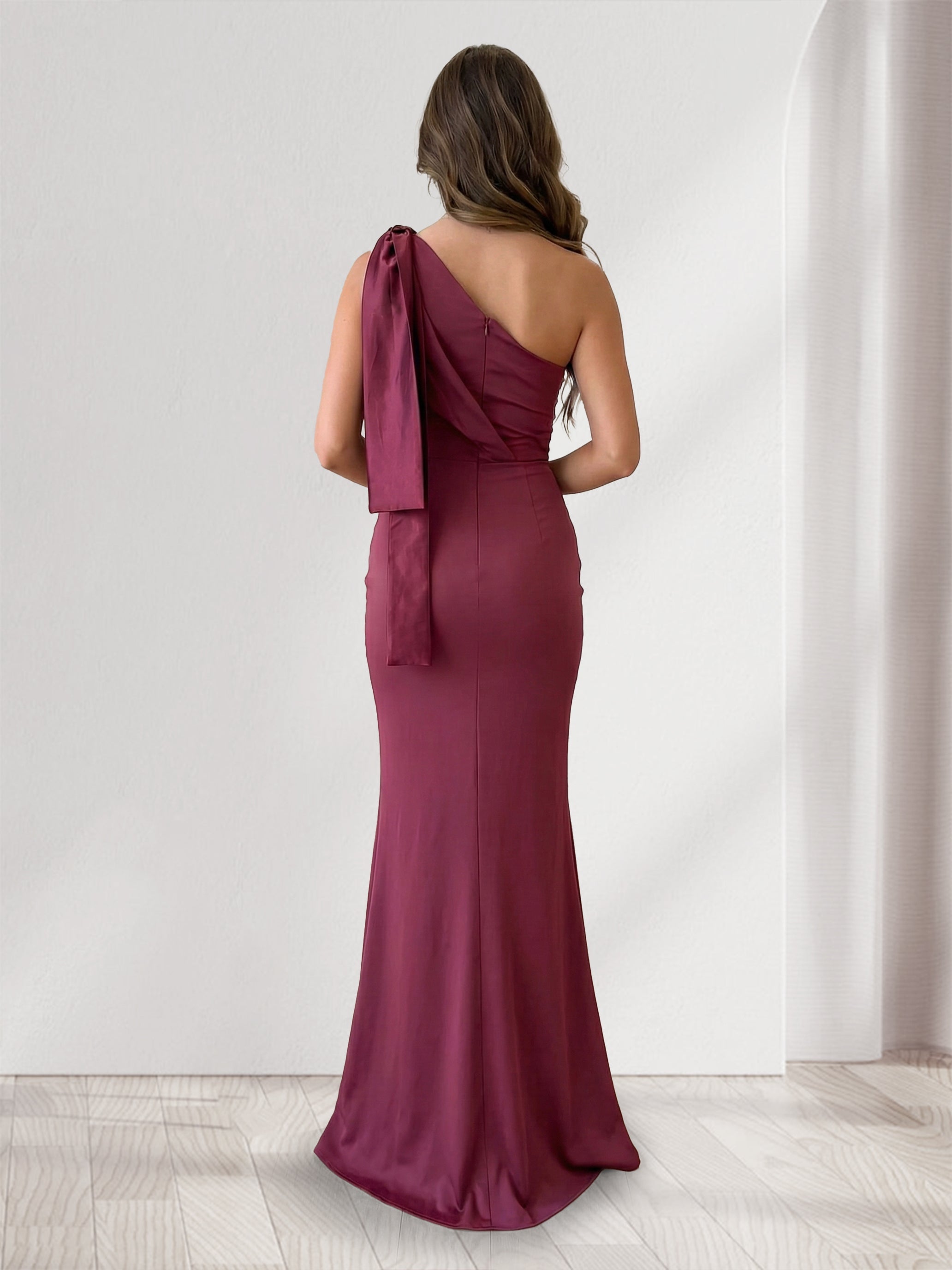 Sheath Column One Shoulder Sleeveless Bridesmaid Dresses with Ribbon