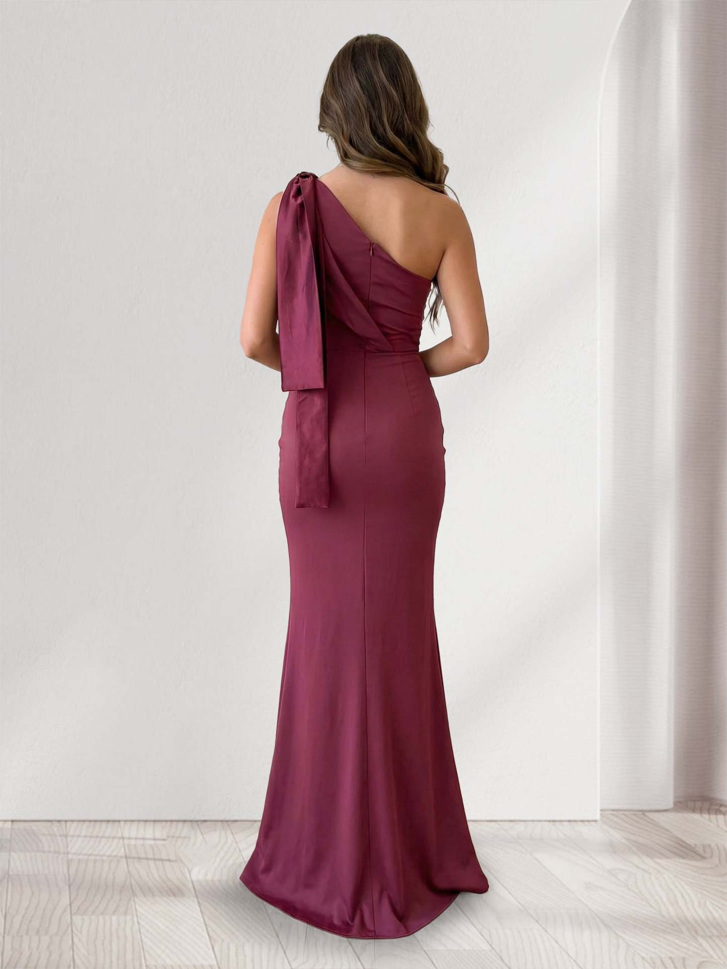 Sheath Column One Shoulder Sleeveless Bridesmaid Dresses with Ribbon