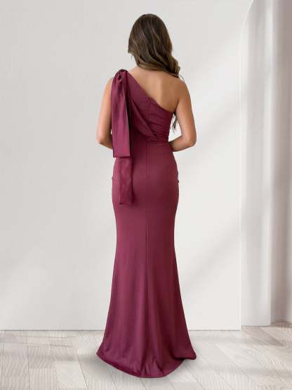 Sheath Column One Shoulder Sleeveless Bridesmaid Dresses with Ribbon