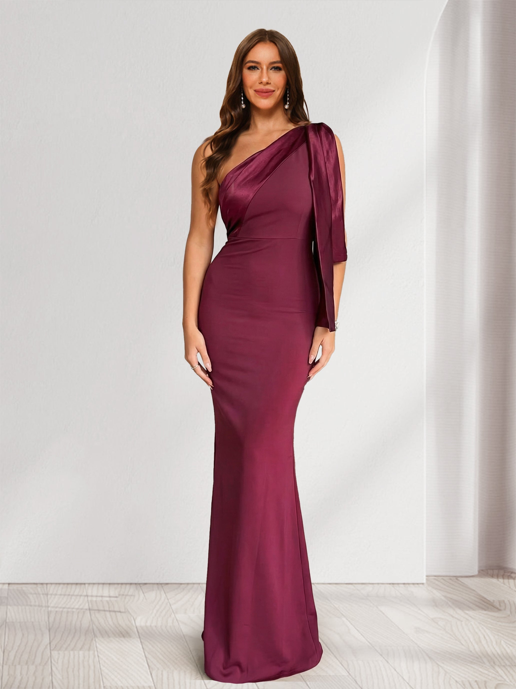 Sheath Column One Shoulder Sleeveless Bridesmaid Dresses with Ribbon