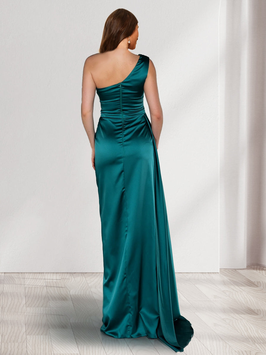 Sheath Column One Shoulder Sleeveless Ruched Bridesmaid Dresses with Split Side